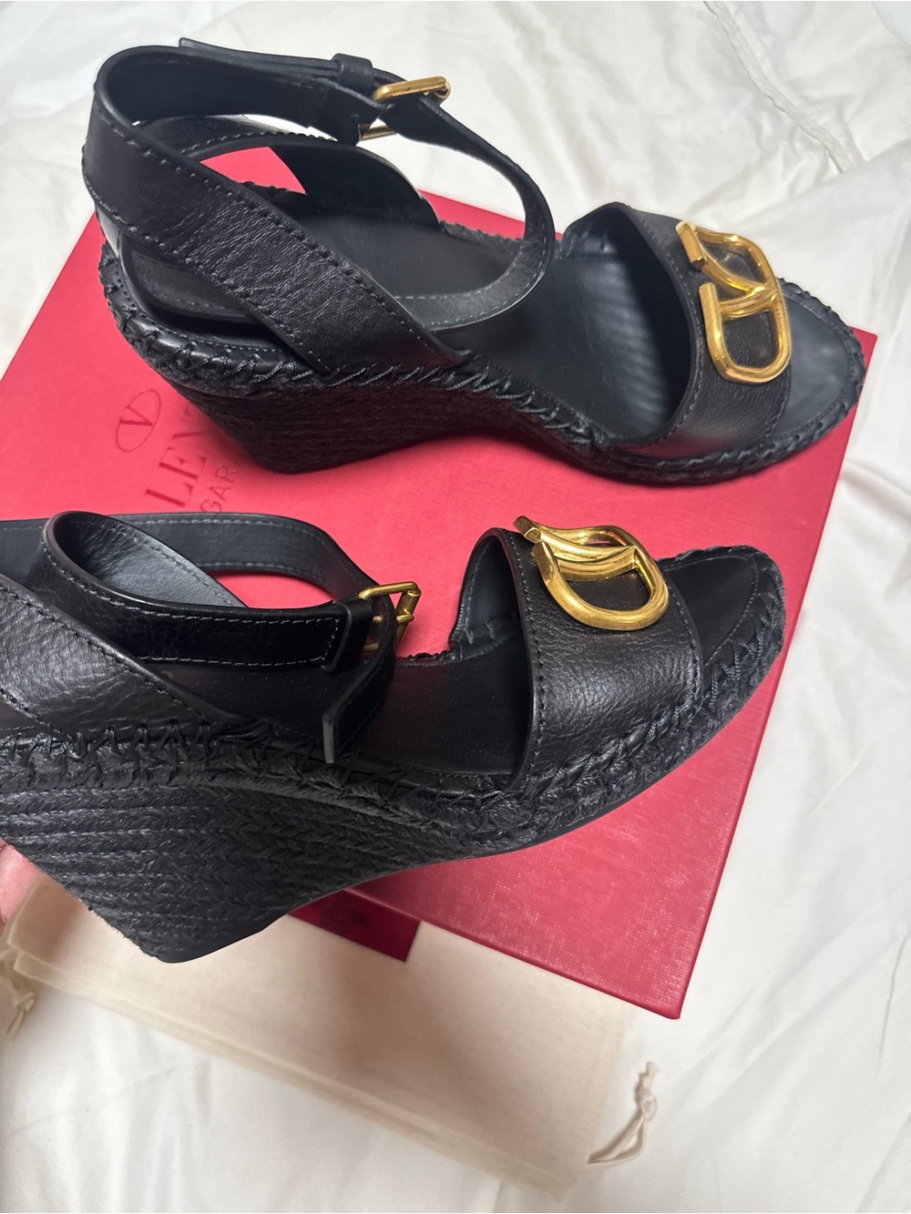 Valentino Black Leather Wedge Sandals with Gold Buckle - Women
